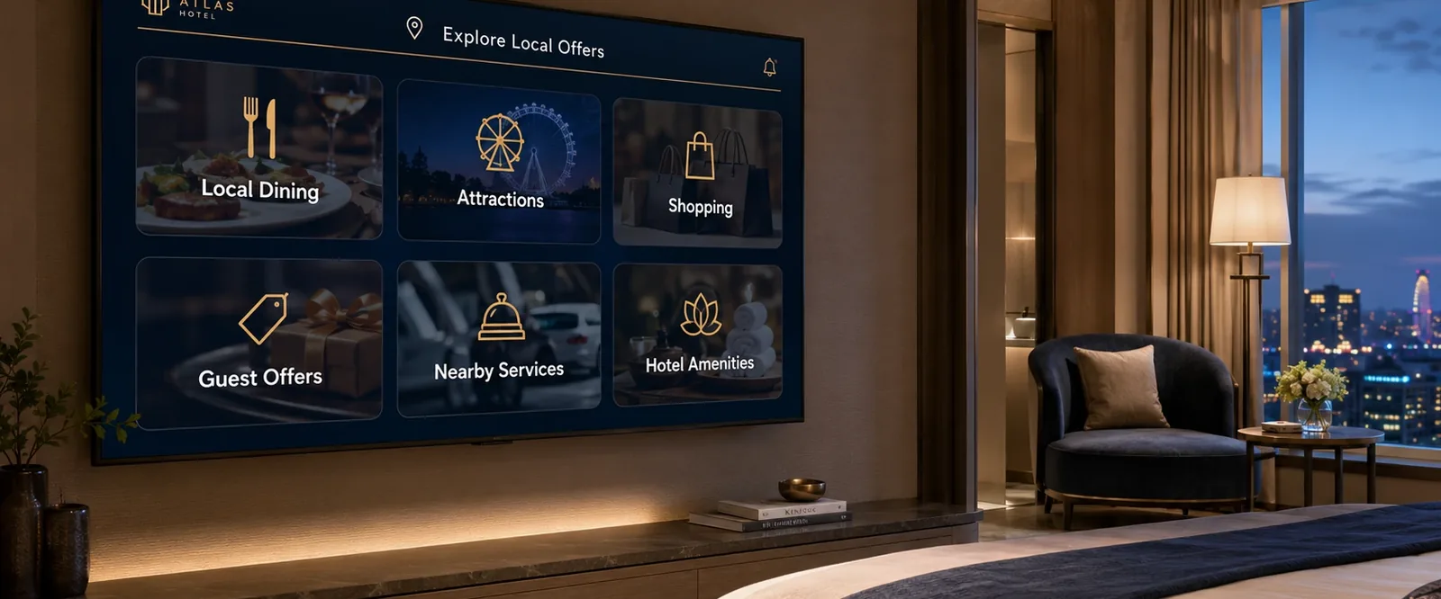 Hotel guestroom television displaying the property logo alongside local dining, attractions, shopping, and guest offer tiles